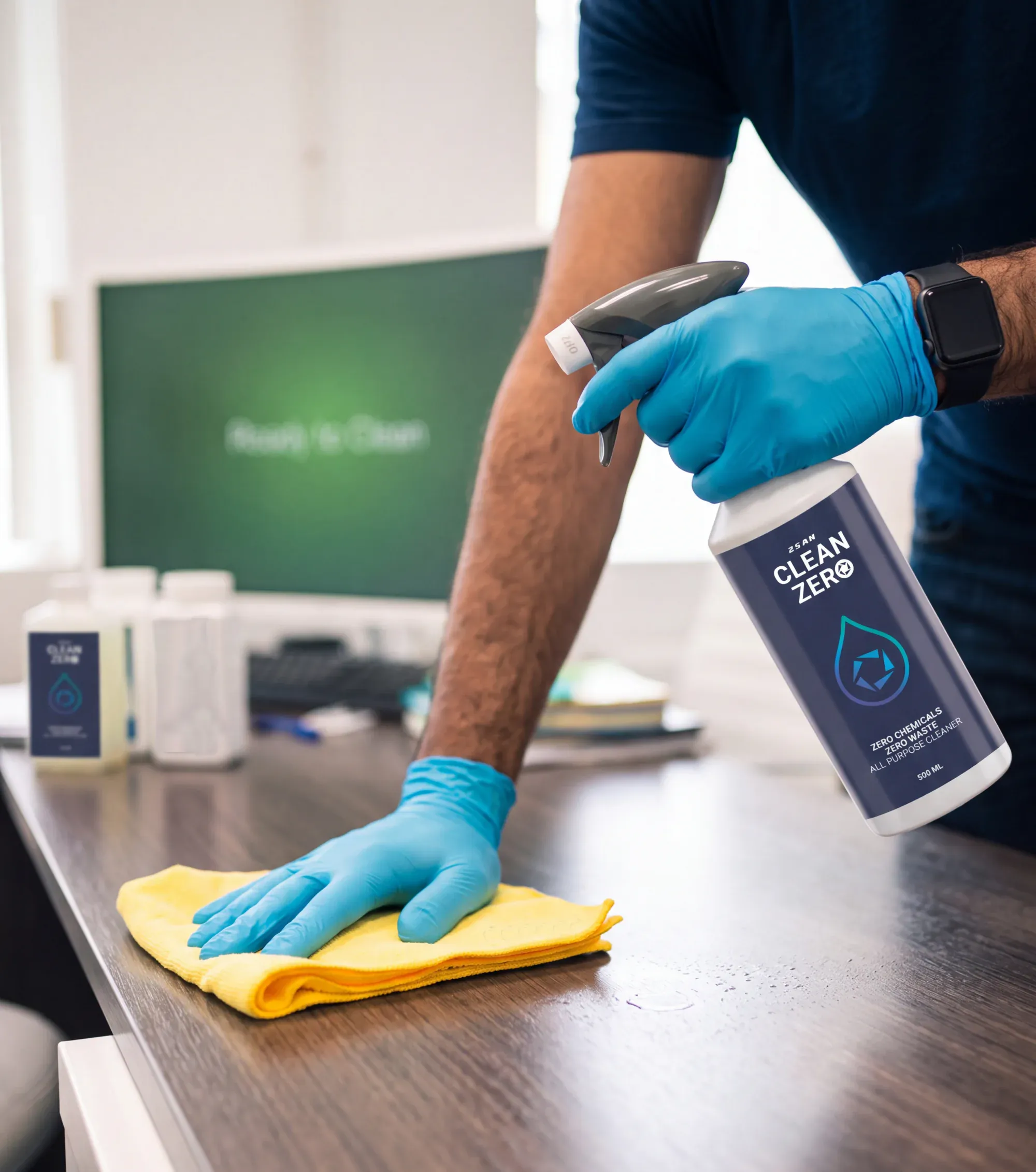 Clean Zero chemical-free cleaner being applied to a surface